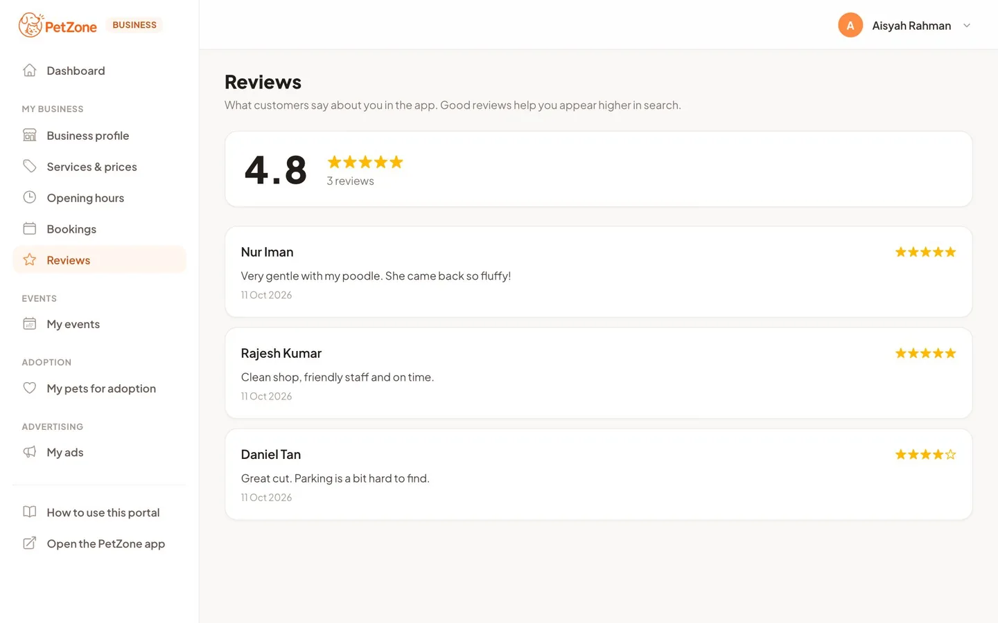 PetZone business portal showing customer reviews