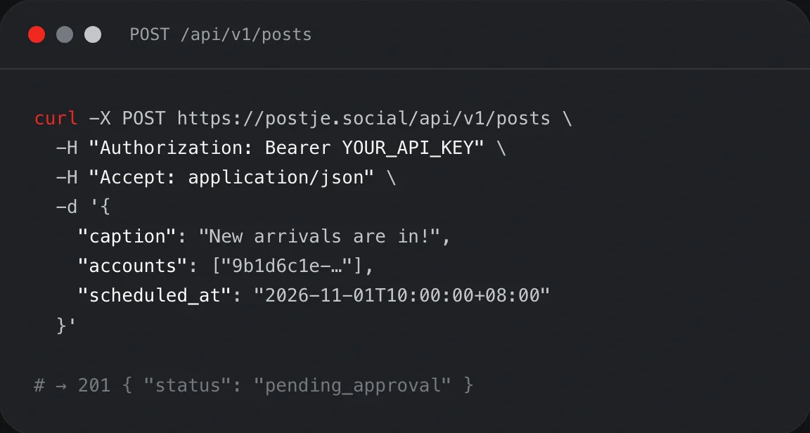 PostJe API request submitting a scheduled post for approval