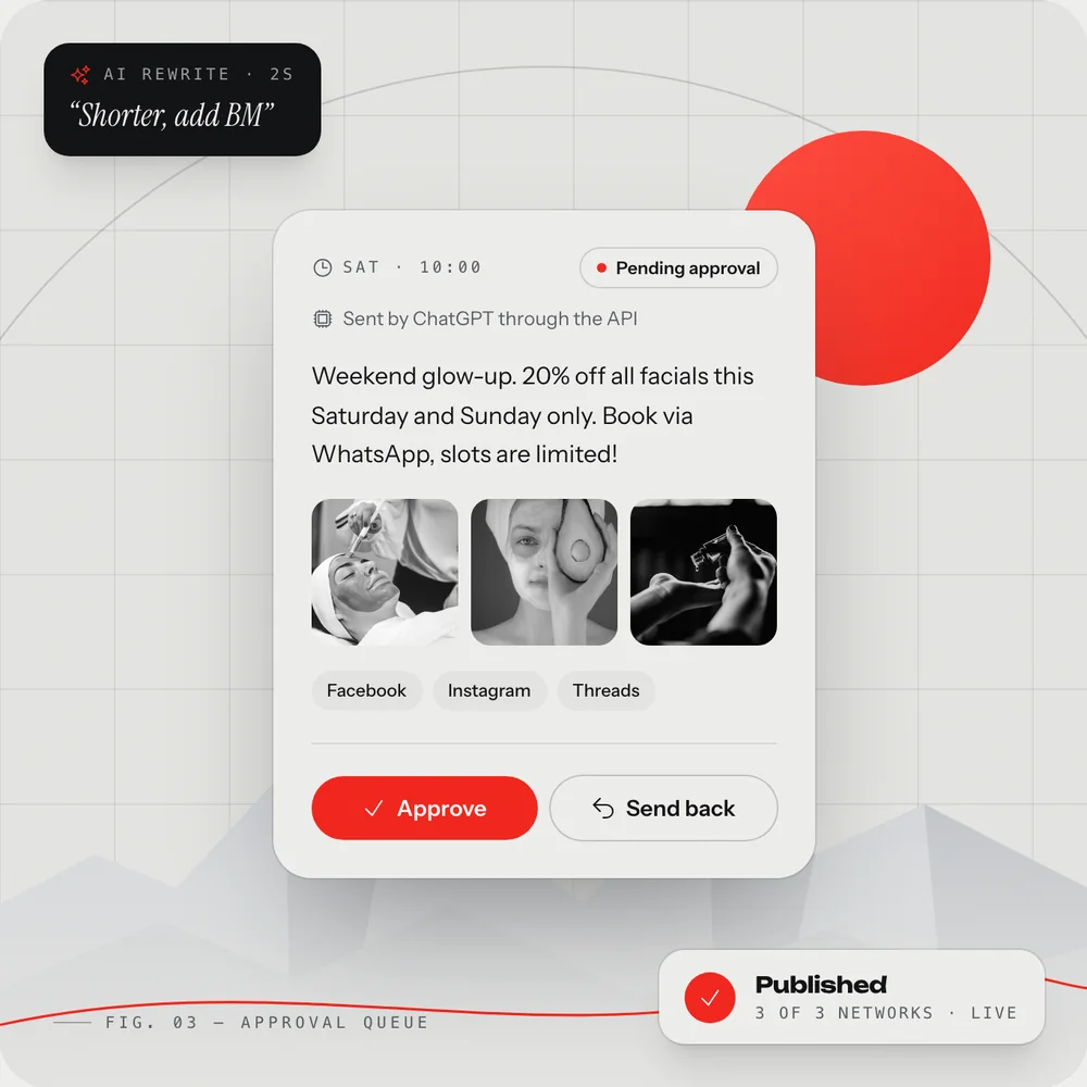 PostJe approval queue: a post sent by ChatGPT waiting for approval to Facebook, Instagram and Threads