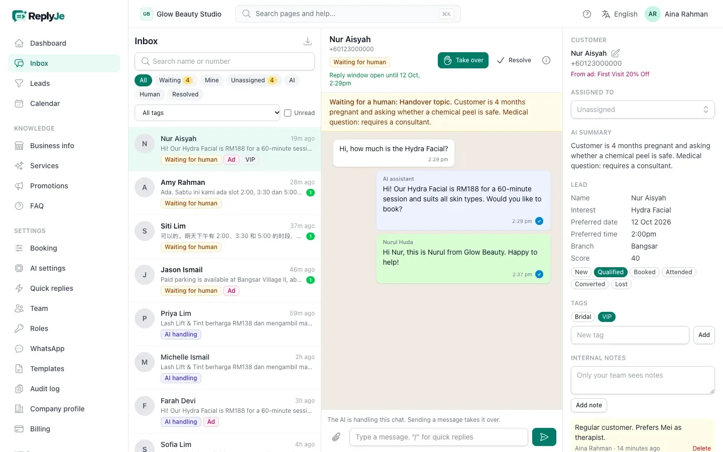 ReplyJe inbox with AI and staff replies to a WhatsApp enquiry